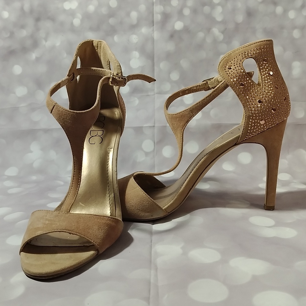 BCBG Paris Suede Tan Strappy Heels With Rose Gold Accents!